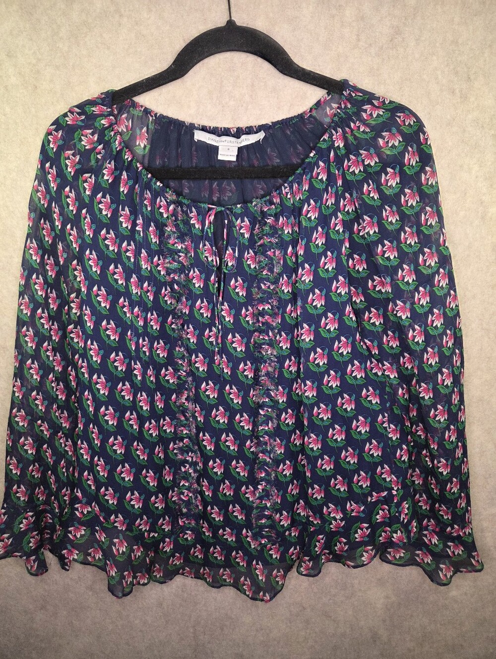DVF/DIANE VON FURSTENBERG "SIMONIA"SILK ZEN FLORA BLOUSE TOP MIDNIGHT 8